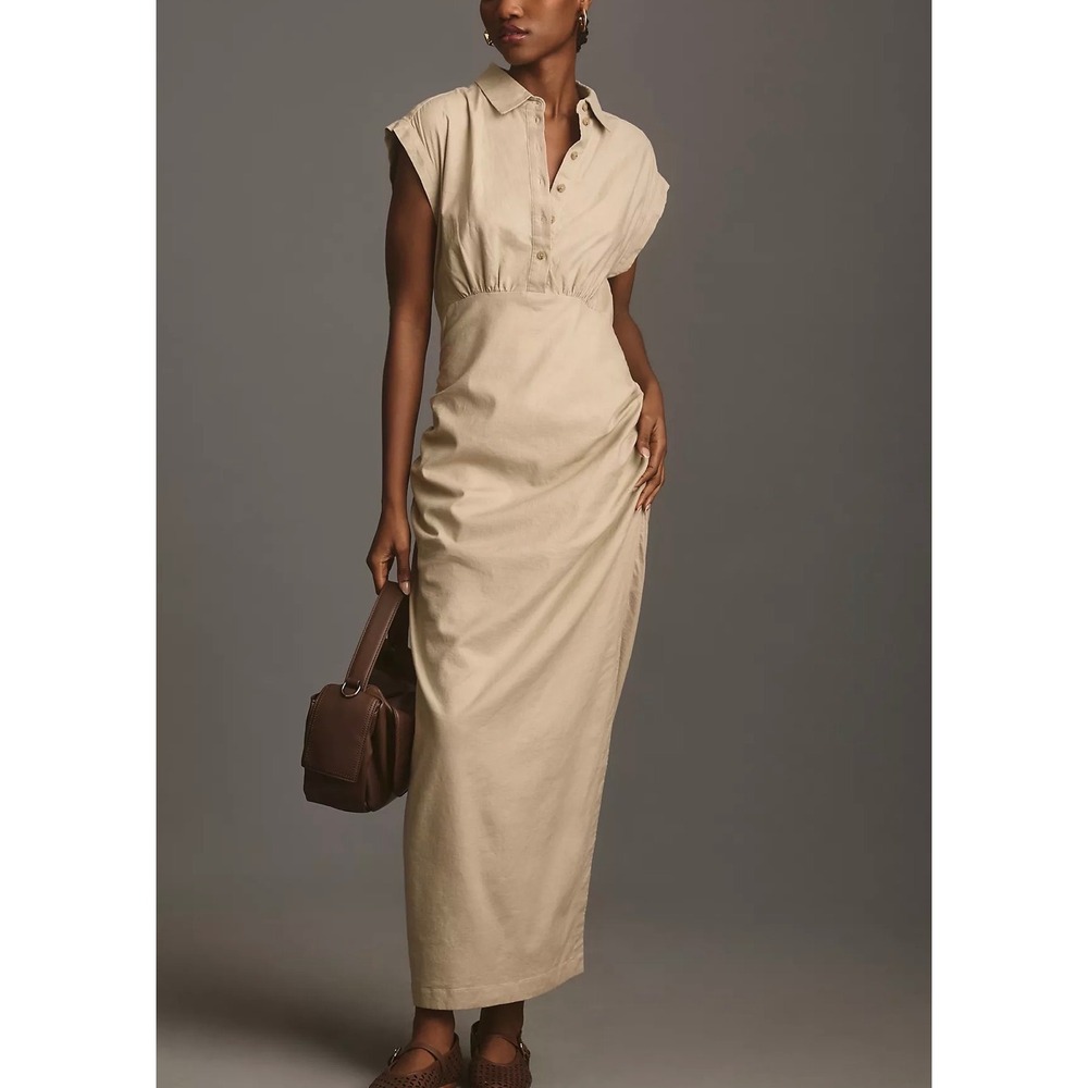 Anthropologie Cap-Sleeve V-Neck Khaki Ruched Slim Midi Dress Lg Linen Blend Boho